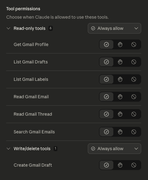 Claude connector tool permissions panel showing six read-only Gmail actions and one write Create Gmail Draft action, each with allow, ask, or deny toggles