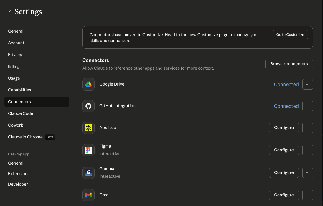 Claude Settings Connectors directory showing Google Drive and GitHub connected, with Apollo, Figma, Gamma, and Gmail available to configure