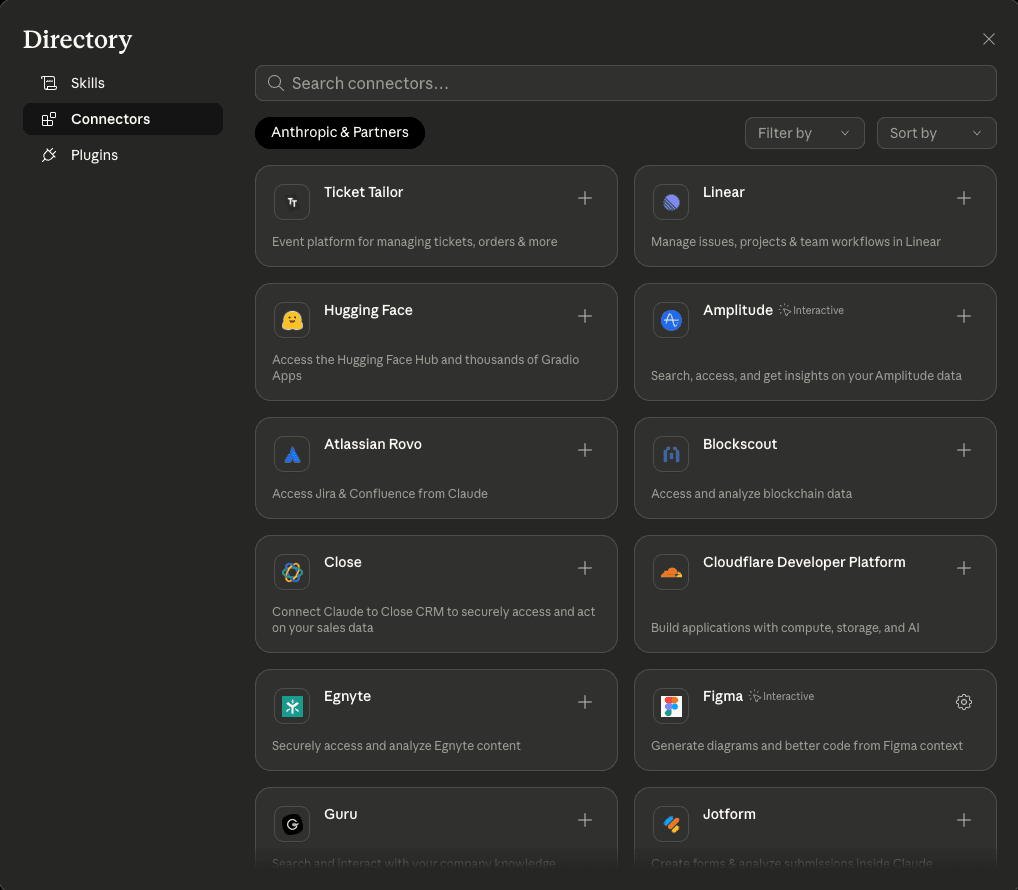 Claude Connectors directory browse view under the Anthropic and Partners filter showing third-party integrations including Linear, Hugging Face, Atlassian Rovo, Amplitude, Cloudflare Developer Platform, Figma, Guru, and Jotform