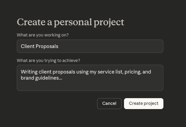 Formulario de configuracion de Claude Projects para crear un espacio de trabajo para pequenas empresas