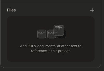 El panel Archivos dentro de un proyecto de Claude, donde se suben los documentos de referencia