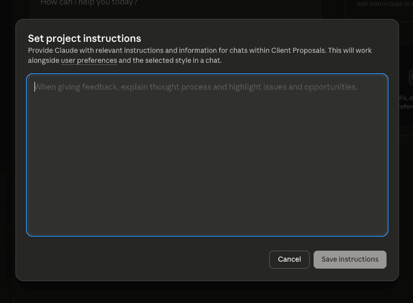El campo de instrucciones del Proyecto Claude, donde se escriben instrucciones personalizadas sobre como debe comportarse Claude