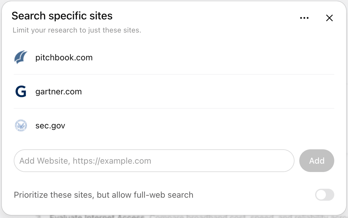 OpenAI's Search specific sites panel showing domain entries, an Add field, and the full-web search toggle
