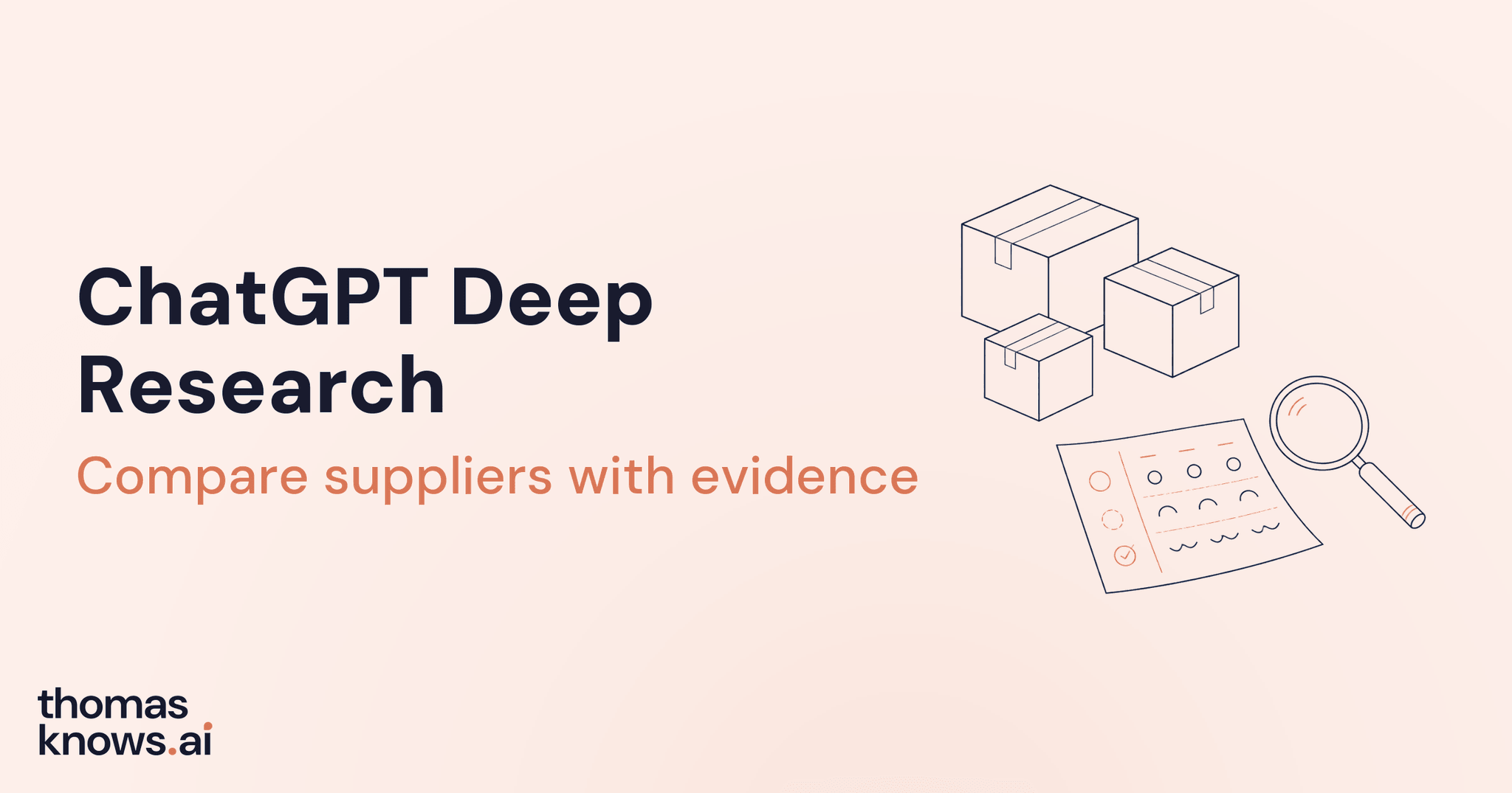 ChatGPT Deep Research title beside illustrated shipping cartons, a comparison sheet, and a magnifying glass