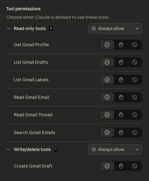 Panel de permisos del conector de Claude que muestra seis acciones de Gmail de solo lectura y una acción de escritura (Crear borrador de Gmail), cada una con opciones de permitir, preguntar o denegar