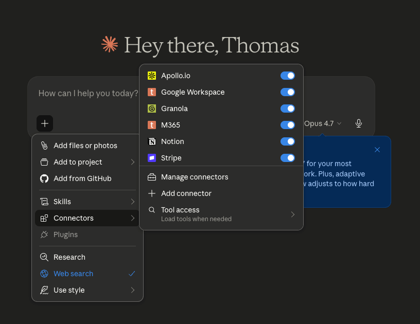 Claude chat menu with the + button opened, showing the Connectors submenu with Apollo.io, Google Workspace, Granola, M365, Notion, and Stripe enabled, plus Manage connectors and Add connector options at the bottom