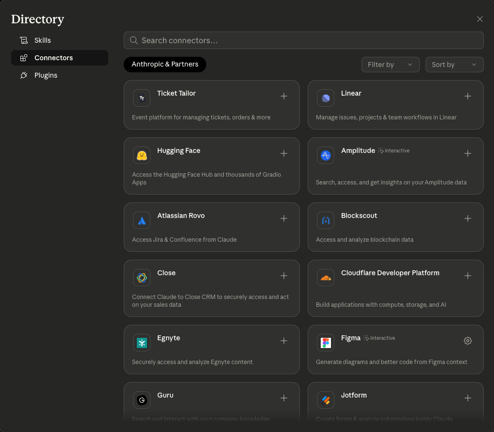 Vista del directorio de Claude Connectors bajo el filtro «Anthropic y partners» mostrando integraciones de terceros como Linear, Hugging Face, Atlassian Rovo, Amplitude, Cloudflare Developer Platform, Figma, Guru y Jotform