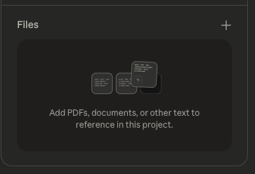 El panel Archivos dentro de un proyecto de Claude, donde se suben los documentos de referencia