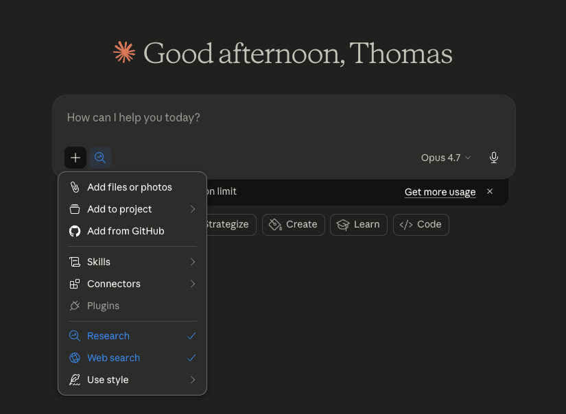 Claude chat interface with the tools menu open, showing Research Mode toggled on alongside Web search, Skills, Connectors, Plugins, and Use style